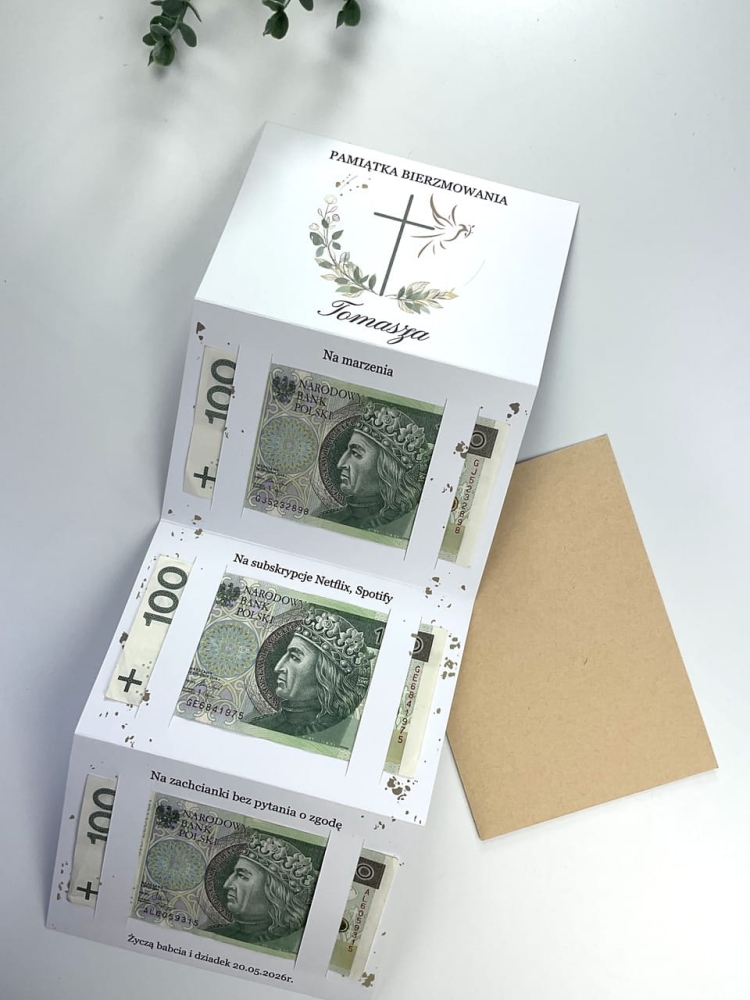 Nowoczesna pamiątka sakramentu bierzmowania z motywem eukaliptusa harmonijka do personalizowanego boxu.