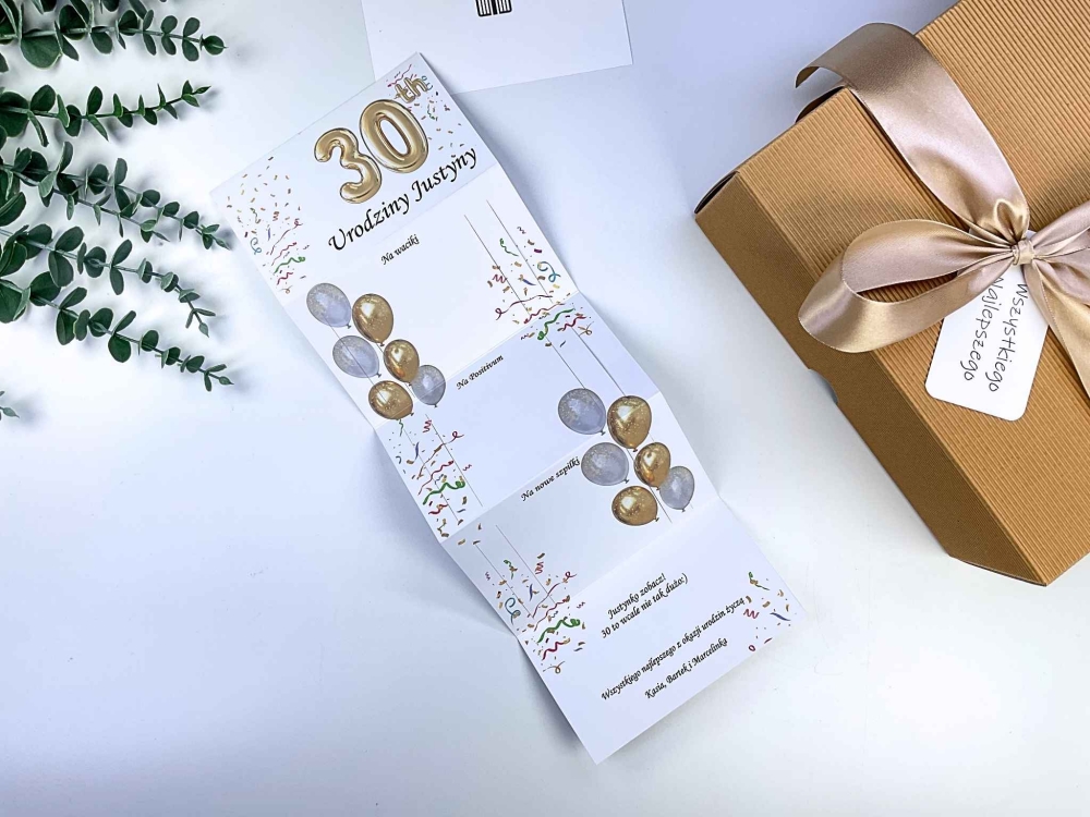 Personalizowana kartka urodzinowa 30 lat z dedykacją od znajomych. Życzenia na trzydziestkę w formie kolorowej kaskady z konfetti.