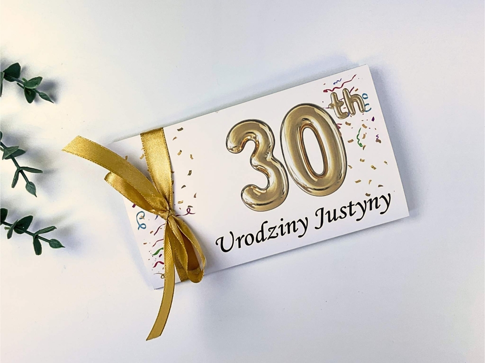 Elegancka rozkładana kartka na 30 urodziny przewiązana ozdobną złotą kokardą. Nowoczesny prezent bez koperty z motywem balonów 3d