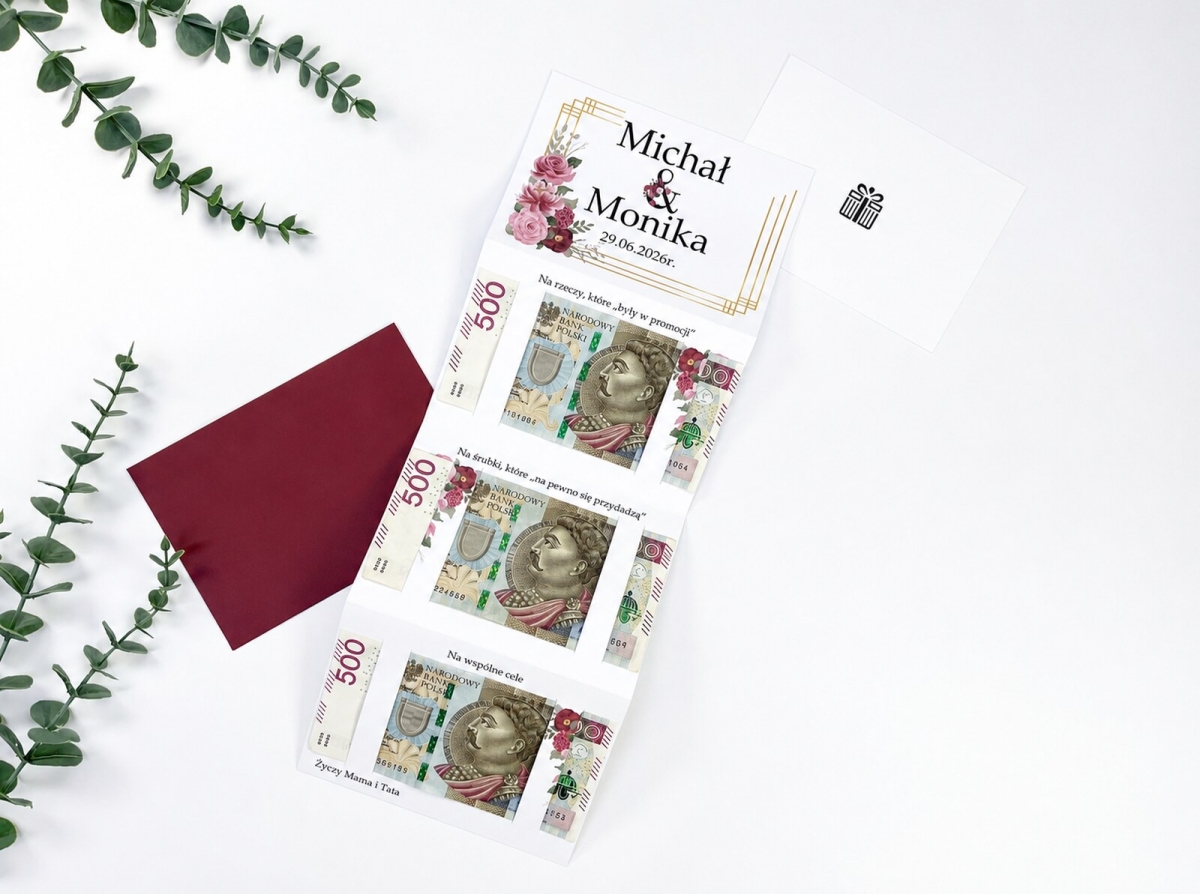 Personalizowana kartka harmonijka na pieniądze z miejscem na banknoty 500, 200, 100 i 50 zł. Elegancki prezent ślubny z bordową kopertą wykonany z papieru satynowego 300 g.