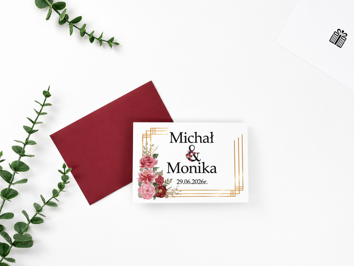 Kartka ślubna harmonijka z personalizacją na prezent pieniężny. Wysokiej jakości papier 300 g, elegancka bordowa koperta oraz miejsce na banknoty 500, 200, 100 i 50 zł.