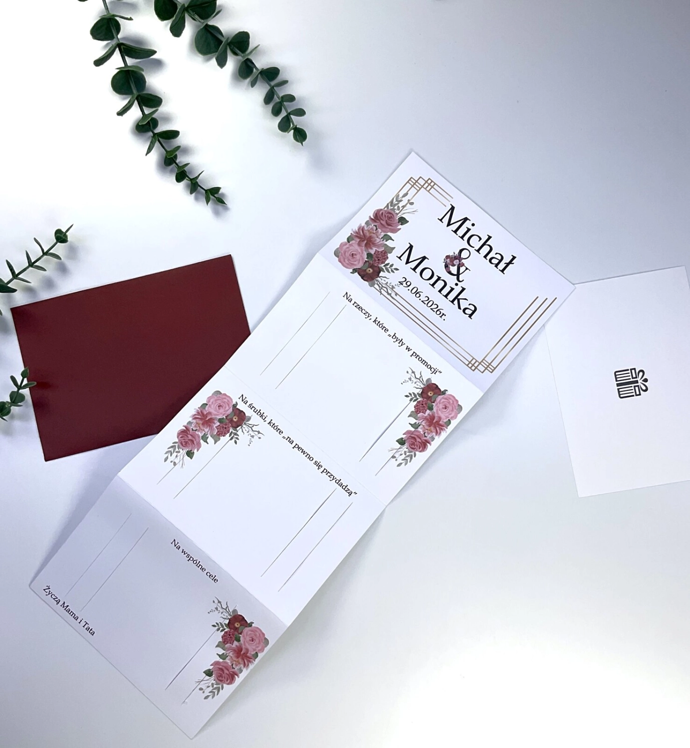 Wyjątkowa kartka ślubna harmonijka na banknoty 500, 200, 100 i 50 zł. Personalizacja imion, daty oraz życzeń. Idealny prezent dla Młodej Pary.