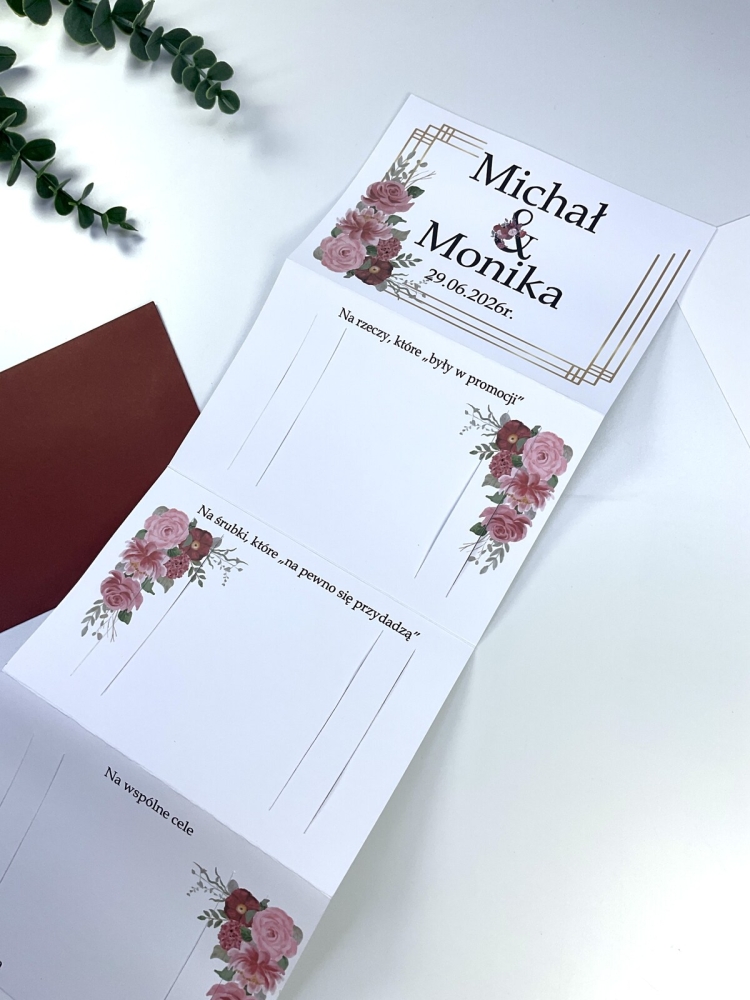 Kartka z pieniędzmi na ślub w formie harmonijki. Elegancka oprawa prezentu ślubnego z personalizacją, papier satynowy 300 g i bordowa koperta.