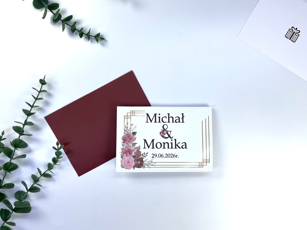 Nowoczesna kartka na prezent pieniężny dla Nowożeńców. Personalizowana harmonijka z kwiatowym motywem i miejscem na banknoty różnych nominałów.