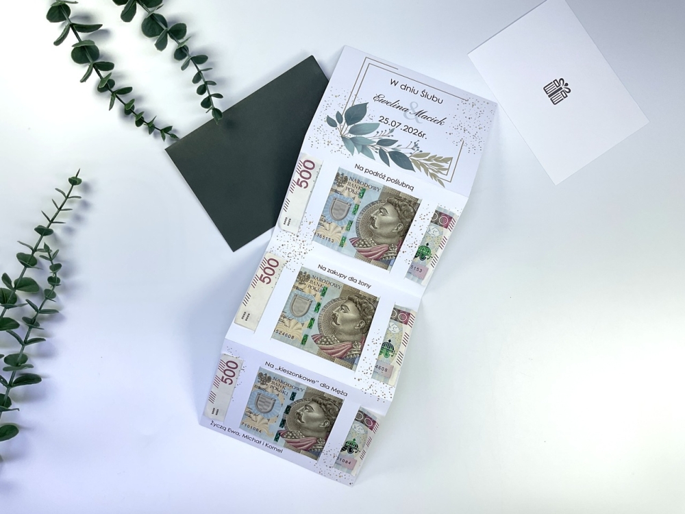 Personalizowana kartka harmonijka na pieniądze z miejscem na banknoty 500, 200, 100 i 50 zł. Elegancki prezent na ślub, rocznicę ślubu lub złote gody.
