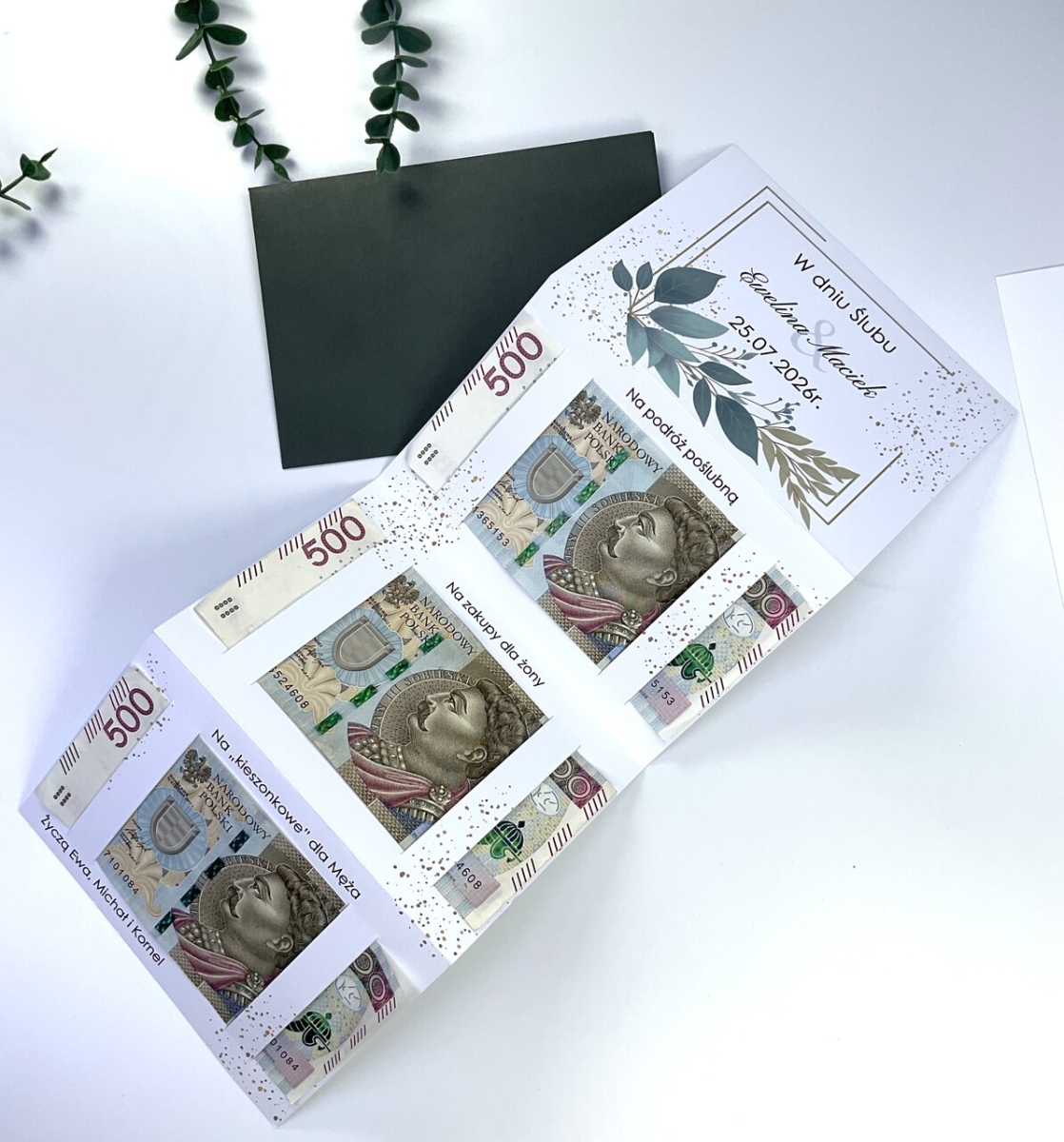 Kartka ślubna harmonijka z personalizacją i możliwością zmiany napisu na froncie. Papier satynowy 300 g i elegancka koperta.