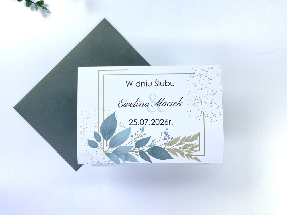 Elegancka kartka harmonijka na ślub, rocznicę lub jubileusz. Personalizacja imion, daty i życzeń na froncie kartki.