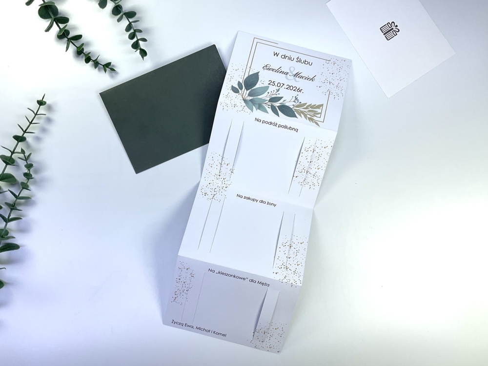 Personalizowana kartka z miejscem na banknoty 500, 200, 100 i 50 zł. Oryginalny prezent na ślub lub jubileusz małżeński.