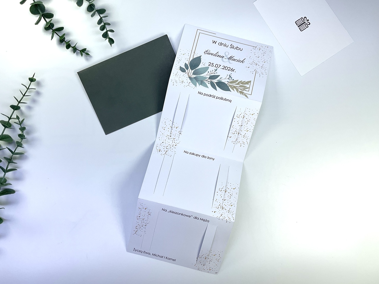 Personalizowana kartka z miejscem na banknoty 500, 200, 100 i 50 zł. Oryginalny prezent na ślub lub jubileusz małżeński.