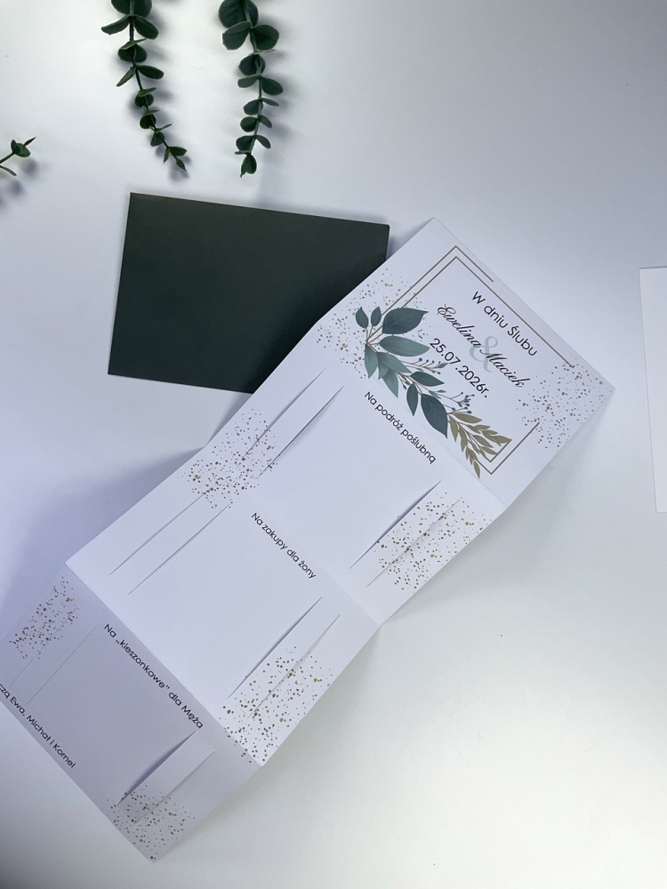 Wyjątkowa kartka ślubna premium z personalizacją, dedykacją i miejscem na banknoty. Papier satynowy 300 g i elegancka koperta.