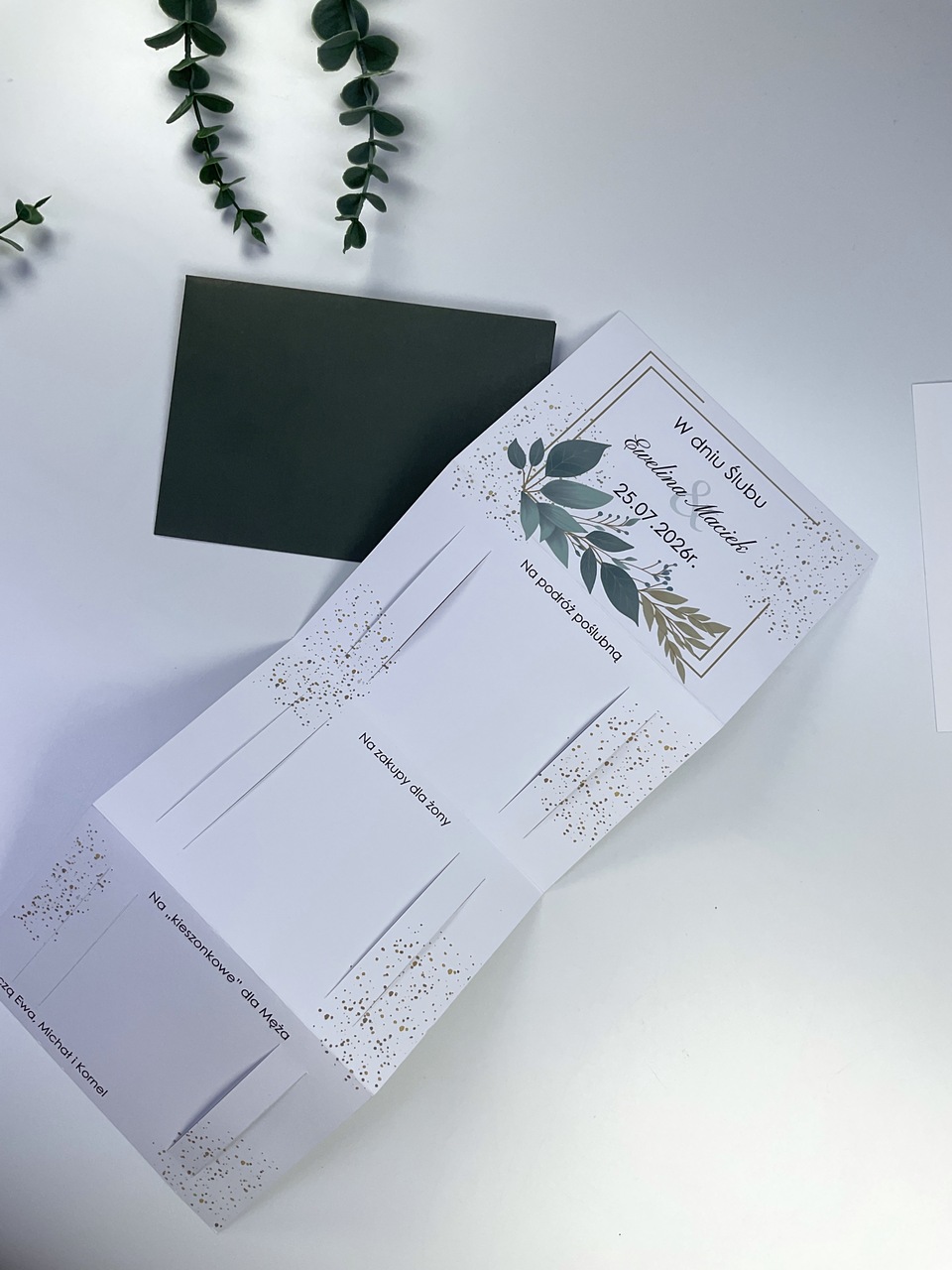Wyjątkowa kartka ślubna premium z personalizacją, dedykacją i miejscem na banknoty. Papier satynowy 300 g i elegancka koperta.